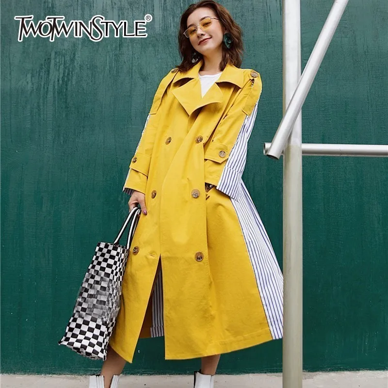 

TWOTWINSTYLE Patchwork Striped Women's Windbreaker High Waist Long Sleeve Lace Up Trench Coat Female Casual Fashion 2019 Autumn