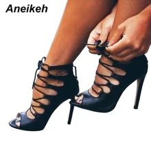 Aneikeh/обувь с перекрестными ремешками в римском стиле; женские ботинки; пикантные сандалии-гладиаторы на шнуровке с открытым носком; женские ботильоны на высоком тонком каблуке