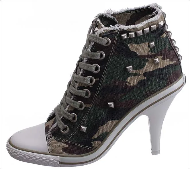 2017 New women canvas camouflage high heels shoes high top lace up ...