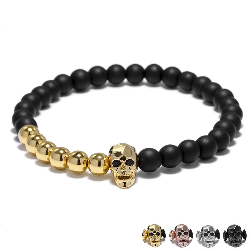Mens Gothic Skull Bracelet Onyx Stone Zirconia