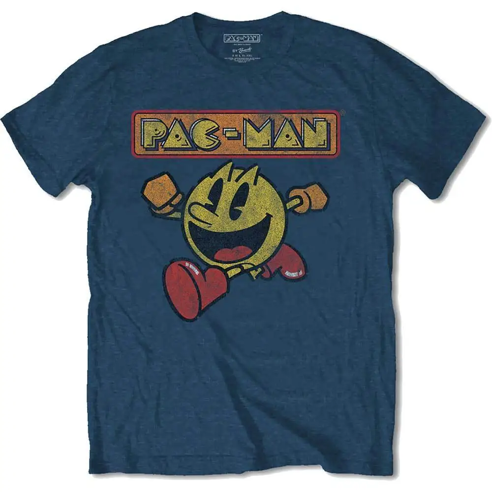 

Pac-Man Eighties Poster Official Pacman Namco Arcade Game Blue Mens T-shirt Male Pre-Cotton Clothing 100% Cotton