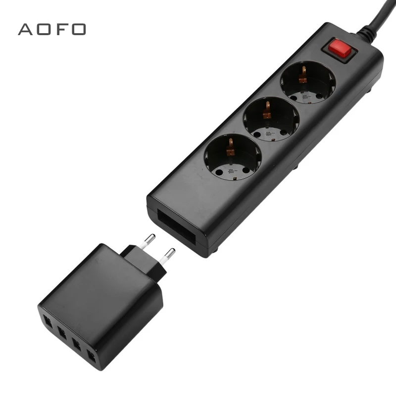 Socket strip 3 compartment with overvoltage protection and 4 USB charger, max. 4A, power strip up to 2500W / 250V / 10A loadable