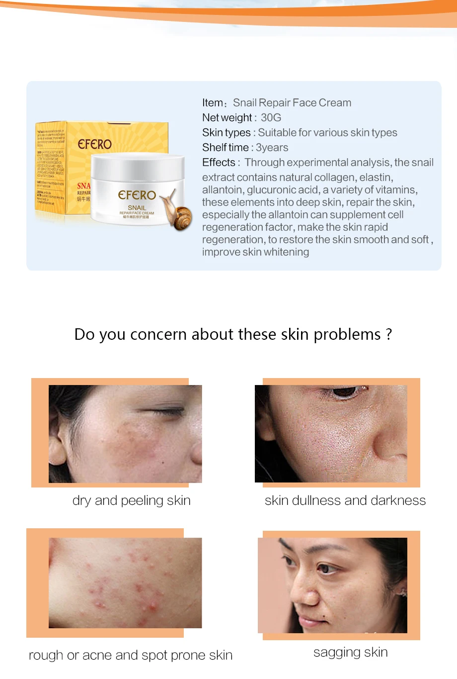 Snail Cream Moist Face Cream Whitening+Eye Cream Faced Anti Aging Anti Wrinkle+Crystal Collagen Eye Mask EFERO