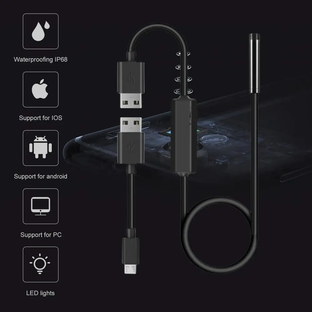 

Wireless Endoscope 2MP HD1200P Wifi USB Borescope Waterproof Inspection Camera Semi-rigid Flexible Snake Camera 5 Meters