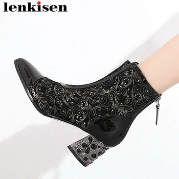 

High quality luxury crystals genuine leather zipper pointed toe new fashion runway office lady mature woman mid-calf boots L18