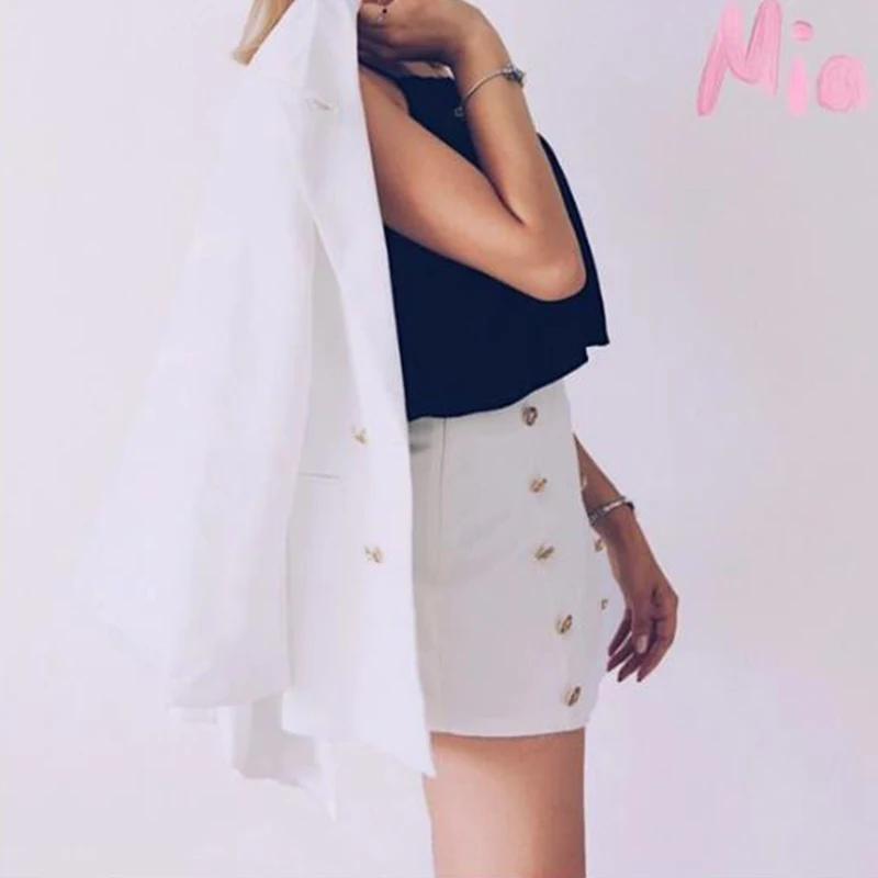 2018 New Women Korean Casual Shorts Pant Pure White Double Breast Golden Button High Waistline Lady Suits Female Suit