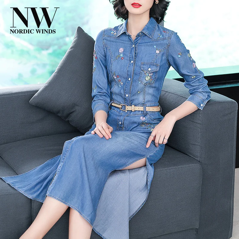Women Embroided Jeans Dresses 2018 Spring Autumn High Quality Blue Cotton Long Floral Midi Denim Dress with Belt Trendy Clothes