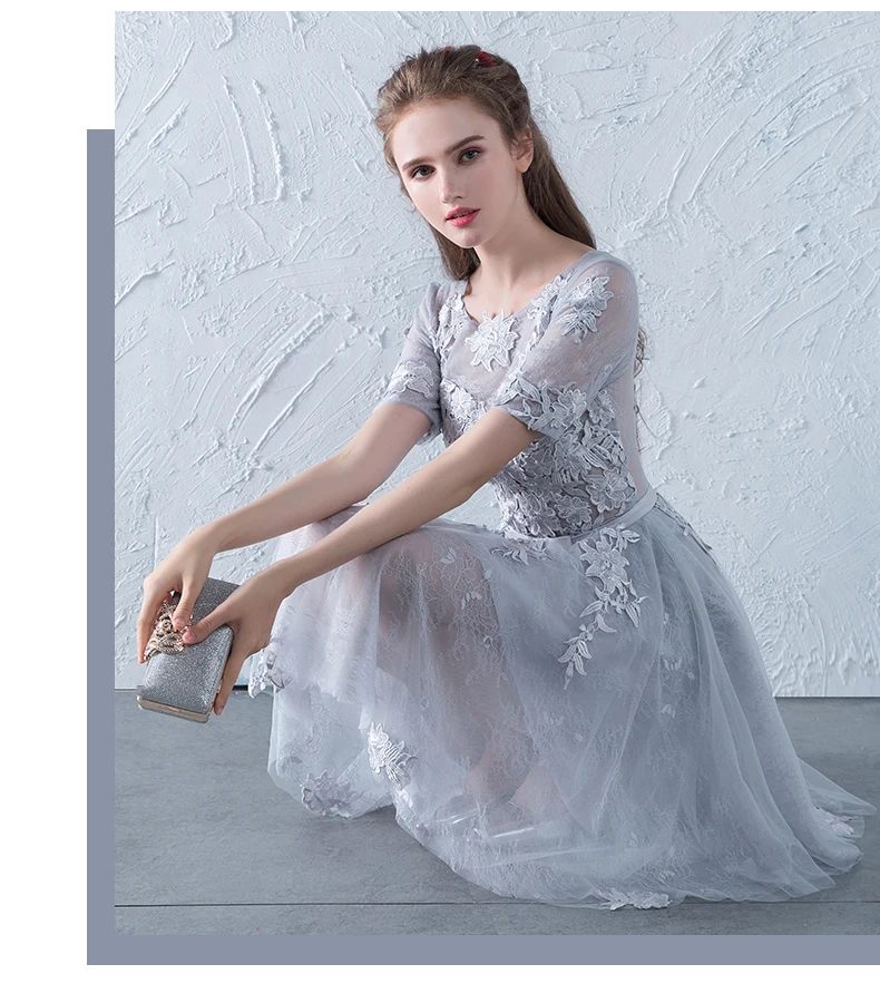 Robe De Soiree серое кружевное короткое вечернее платье с круглым вырезом элегантное кружевное платье с аппликацией праздничное платье банкет Вечеринка Выпускной официальные платья