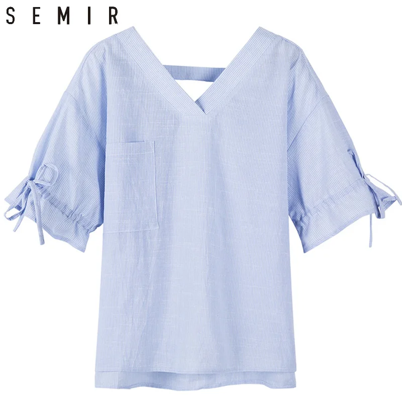 

Semir woman blouses New Fashion Women Vintage Elegant Agaric lace Striped Blouses Ruffle Pleated Tops Loose Shirts Vneck