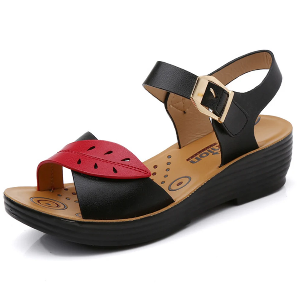 

Retro Leather Sandals Women's Wedges Low Heel Summer Sandals 2018 New Large Size 41 Women Sandals Casual Peep Toe Mom Shoes