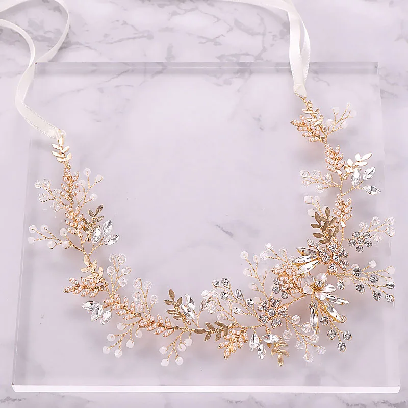 Fashion Fairy Crystal Bride Hairbands Pearl Pink Flower Leaf Tiara Headdress Head Piece Wedding Jewelry Hair Accessories LB