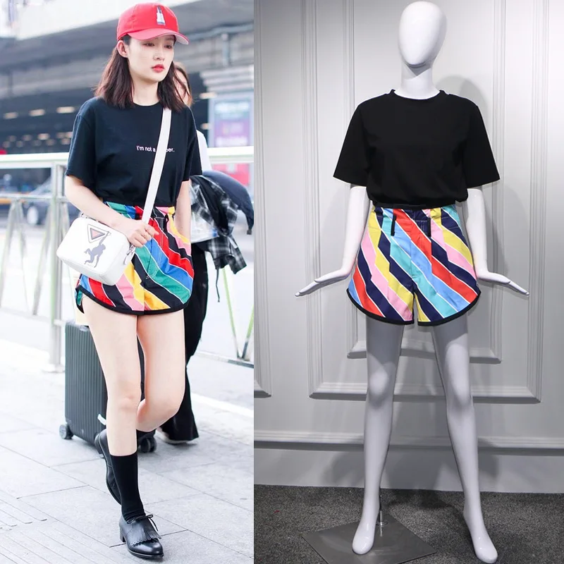 

2019 Spring Star Li Qin Airport The Same Rainbow Twill High Waist Casual Pants Pockets Fake Zippers Button Pants Women