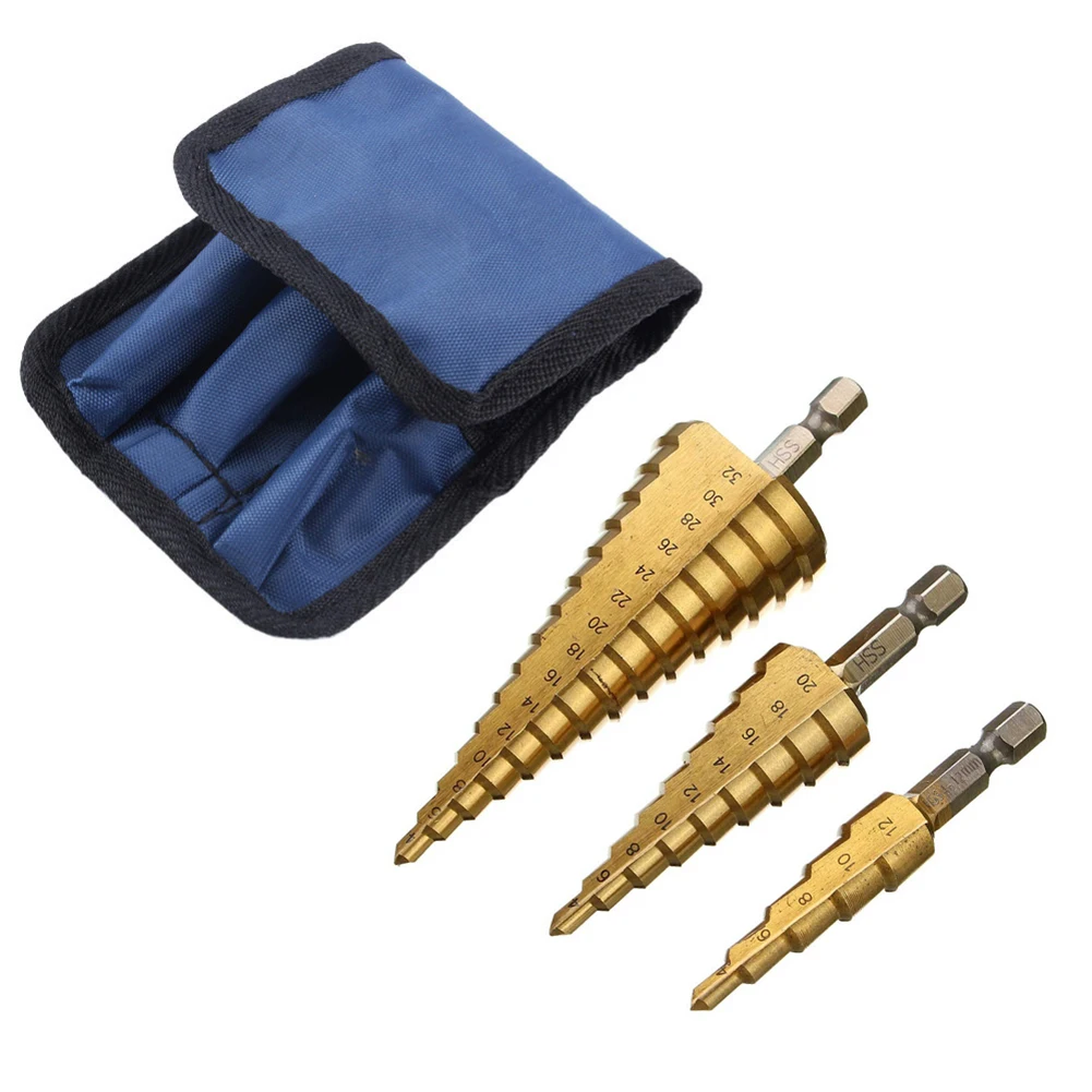 

3pcs Hss Steel Titanium Step Drill Bits 4-32mm 4-12mm 4-20mm Step Cone Cutting Tools Steel Woodworking Wood Metal Drilling Set