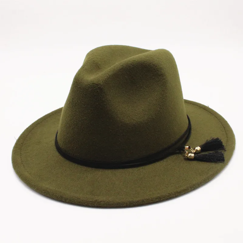 OZyc шерсть широкими полями кисточкой флоппи фетровая шляпа Федора для элегантных женщин Дамы зима осень кашемир Гангстер церковная шляпа - Цвет: Army Green