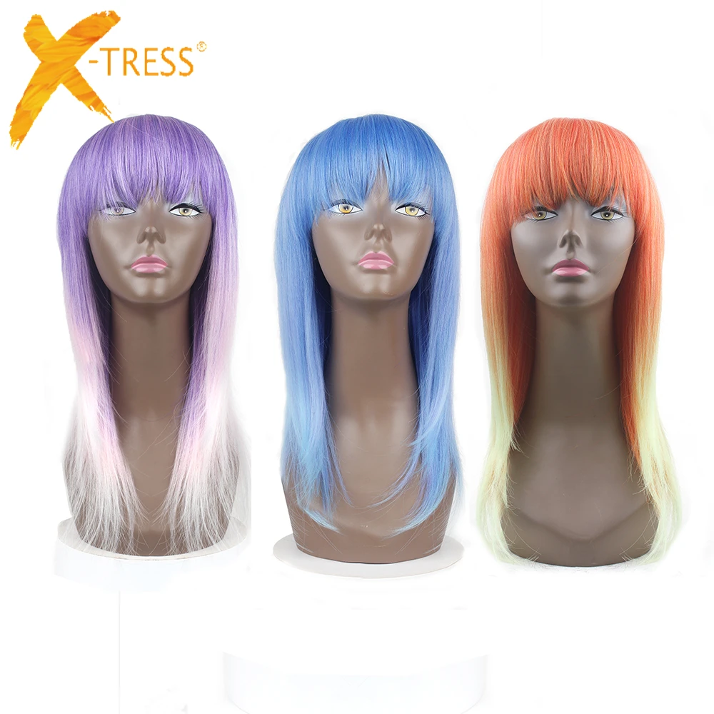 

Ombre Blue Pink Colorful Cosplay Synthetic Hair Wigs With Bangs X-TRESS Medium Length 18inch Straight Wig Hairpiece For Women