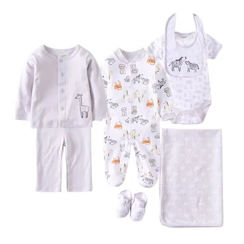 

Baby Clothing Set Cotton 7 Piece Boy Clothes Suit Newborn Infant Animal Printed Bodysuit+Romper+Pant+Outerwear+Shoes+Bib+Blanket