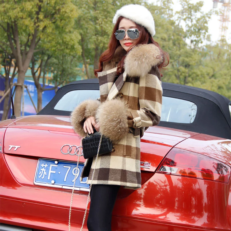 Survêtement Style Manteau Réel Laine Laveur Mélangée Long 2018 D'hiver Raton Femmes Britannique Trench Casual Nouvelles De Fourrure Boutonnage Plaid Col Beige Double wqRRZYE