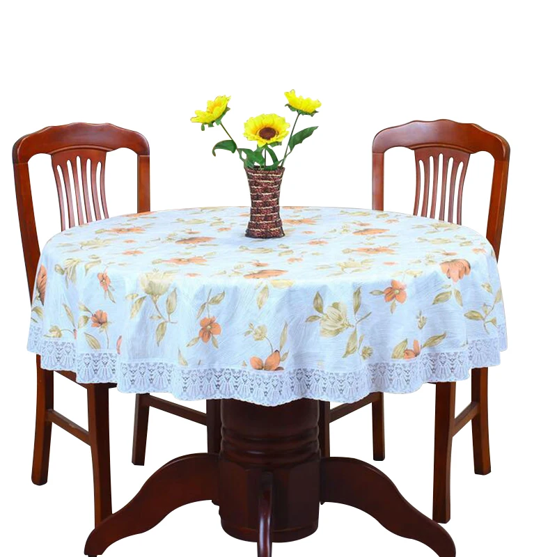  Pastoral Round Table Cloth Plastic Waterproof Oilproof Table Cover Floral Printed Lace Edge Anti Ho