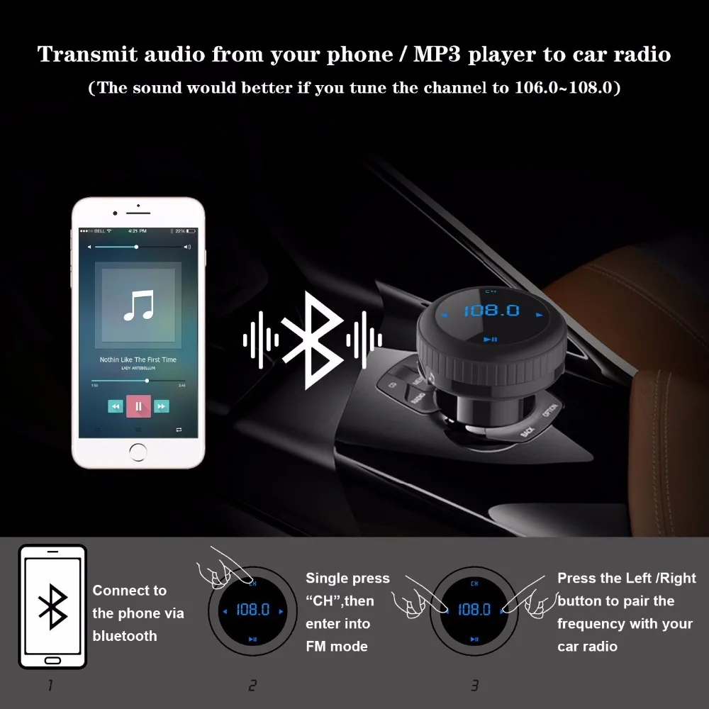 Handsfree Car Kit FM Transmitter Modulator Bluetooth 4.2 Car MP3 Player LED Monitor Dual USB Support TF Card USB Flash Driver