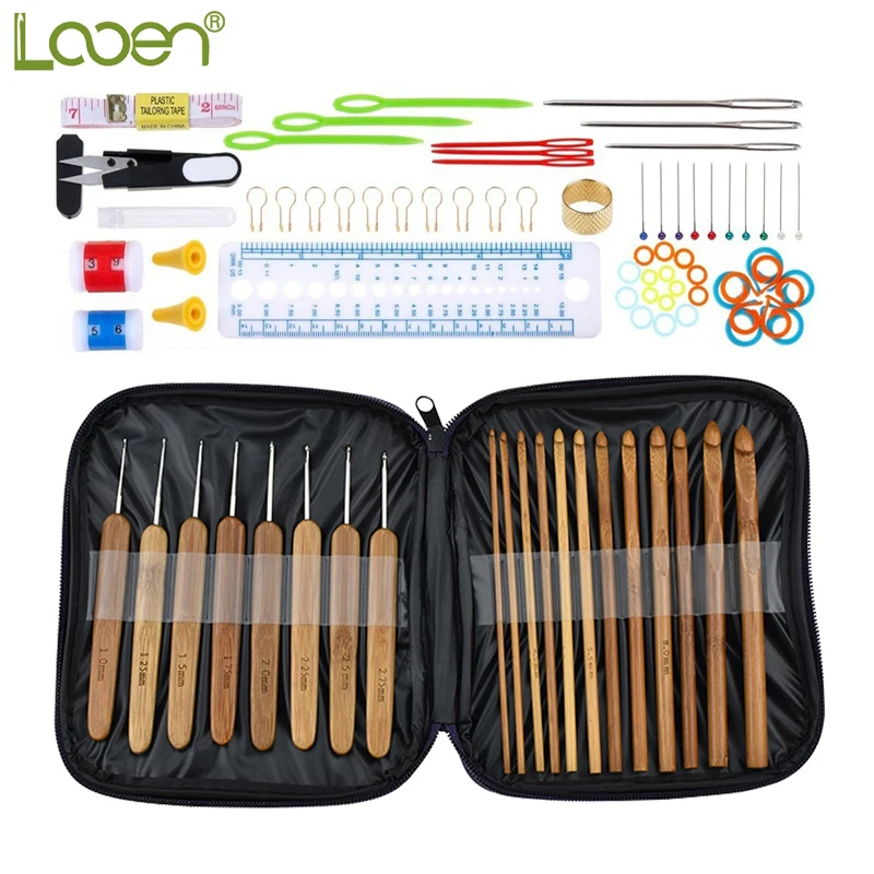 

Looen Bamboo Crochet Hook Knitting Needles Set Yarn Needles Scissors Sewing Tools Full Set Knit Gauge Women DIY Craft Tools