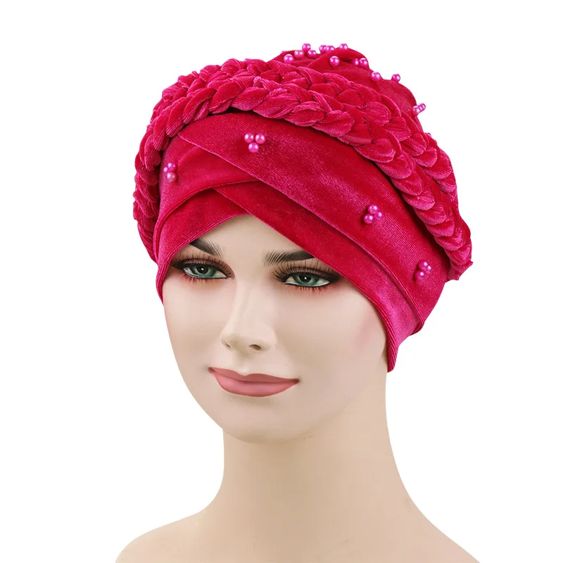 velvet beads head hijab caps turban indian hair bands for women muslim headbands headscarf hats braid Bandanas girls - Цвет: rose