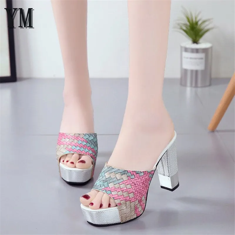 

2018 Hot Sale Woven Pattern Patchwork large 35-39 Platform Heels Peep Toe Summer Women's Shoes 11CM Woman Sandals Slippers