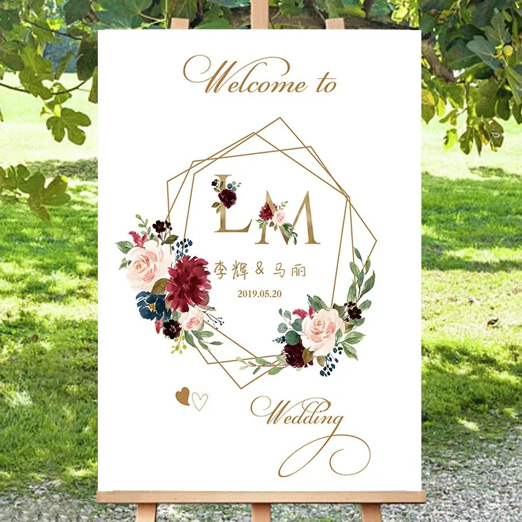 free shipping 1 pcs custom logo picture Wedding Welcome board business party sign Welcome card for wedding pink white yellow red - Цвет: 3