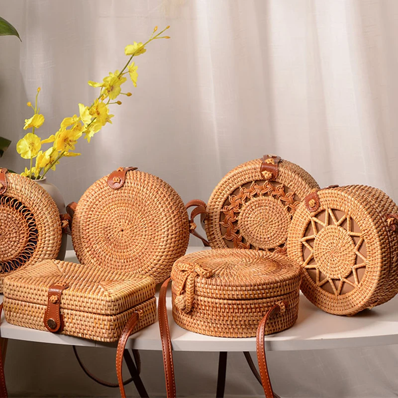 Bolso de ratán tejido redondo de paja bolso de hombro pequeña playa bolsos rectangulares mujeres de verano hueco hecho a mano mensajero bandolera