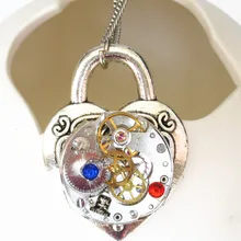 steampunk gothic lock mechanical watch parts gear heart necklace rhinestone pendant choker chain women girl vintage gift jewelry
