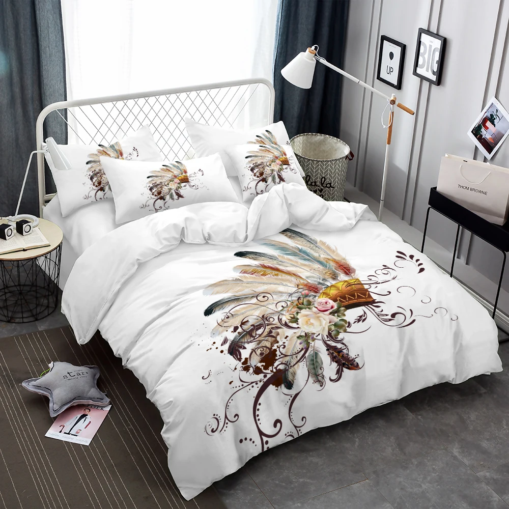 Boho Bedding Set Pink Rose White Comforter Cover Tribal Style