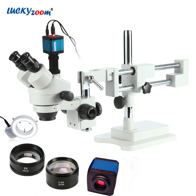 Lucky зум бренда 3.5X 90X! Двухместный Boom Stand Stereo Увеличить тринокулярный микроскоп + 14MP