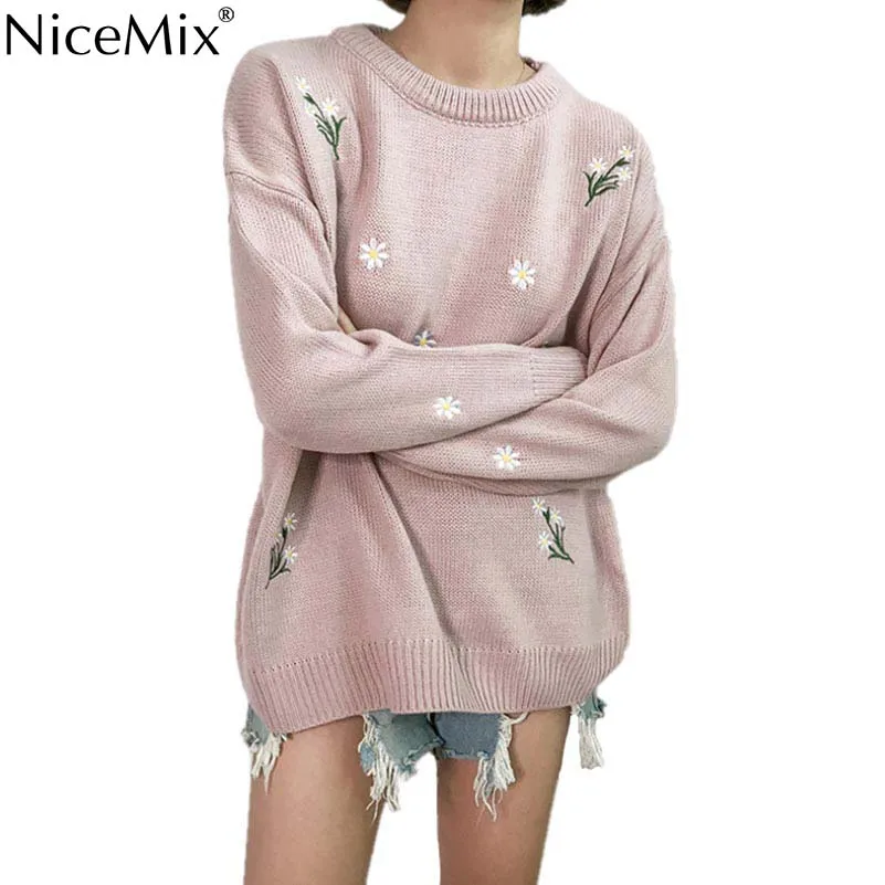 

NiceMix Autumn Harajuku Embroidry Floral Sweater Women Elegant Pullovers Casual Knitwear Korean Jumpers Pull Femme Hiver 2019