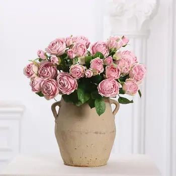 

Flone 3 Fork Artificial Alice Rose Flowers Hand Made Simulation Silk Fake Flower Single Branch Wedding Supplies Home Decoration