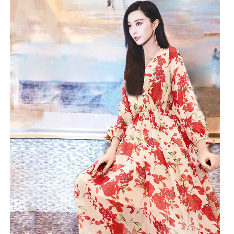 Nieuwe Runway Fashion Bloemenprint Maxi Chiffon Jurk Vrouwen Elegante Vintage Lange Mouwen V-hals Kantoor Werk Feestjurken Vestidos Nieuwe Runway Fashion Bloemenprint Maxi Chiffon Jurk Vrouwen Elegante Vintage Lange Mouwen V-hals Kantoor Werk Feestjurken Vestidos