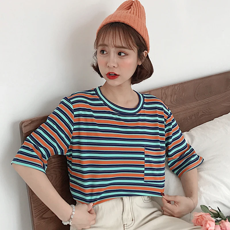 

2019 new summer Women Stripe printing T Shirt Casual loose thin T-shirts Short Sleeve Ulzzang Harajuku Tops tshirt Poleras Mujer