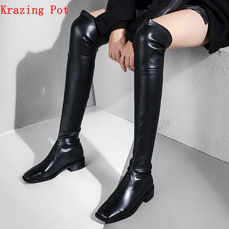 

Krazing Pot new genuine leather stretch fabric low heels boots style gladiator stovepipe lady square toe over-the-knee boots L82