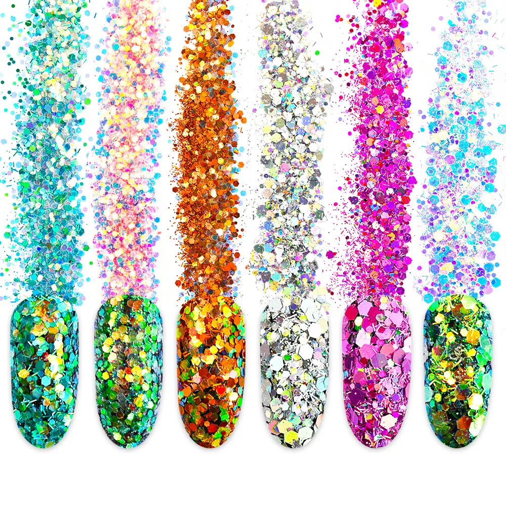 

6boxes/set Laser Mixed Nail Glitter Powder Sequins Shinning Colorful Nail Flakes 3d Charm Dust For Nail Art Decorations SF3077
