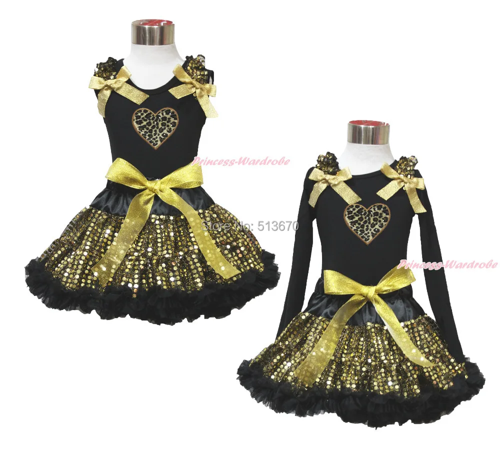 

Easter Valentine Leopard Heart Black Top Sparkle Bling Gold Sequins Skirt 1-8Y MAPSA0485