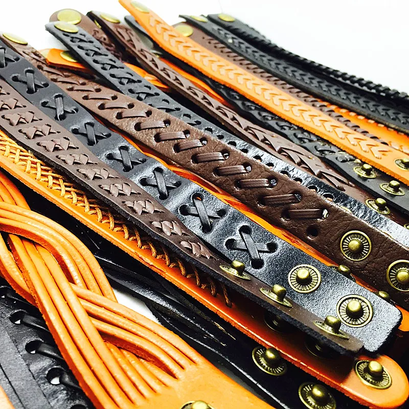 30pcs Genuine Leather Bracelet Men Black/Brown/Coffee Wide Fashion Press button Vintage Cuff charm bangle wristband wholesale