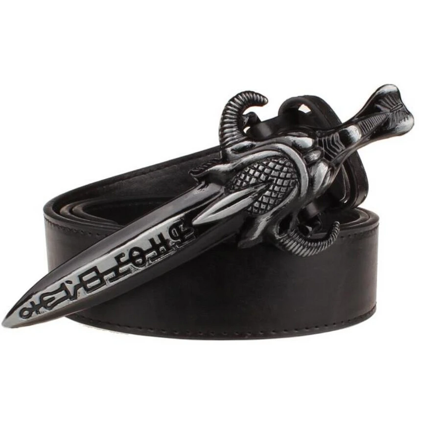 Cool Men's belt leather Metal buckle retro Sword totem Pattern Tauren western style belt knife