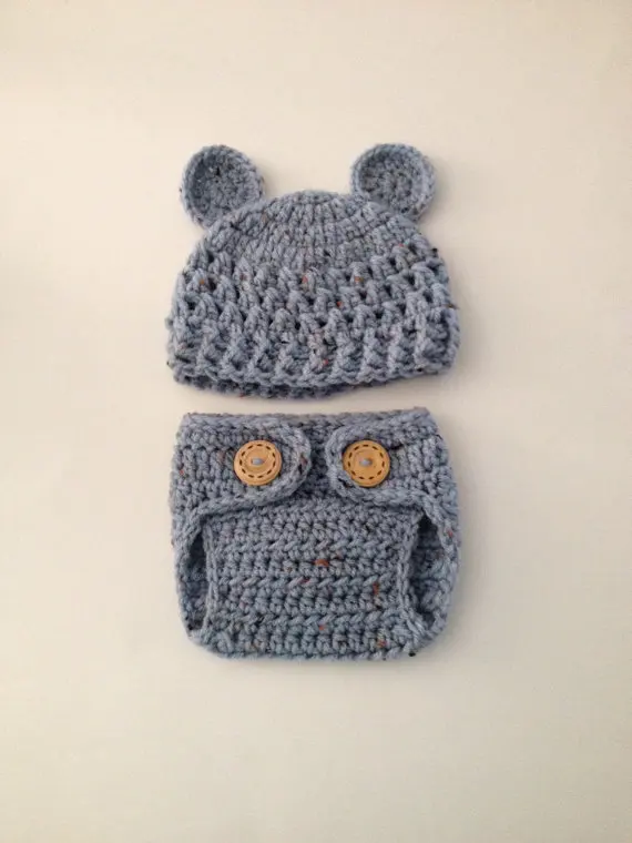 NEW Newborn Baby Boy Basket Weave Button Hat and Diaper Cover Infant Photo Prop