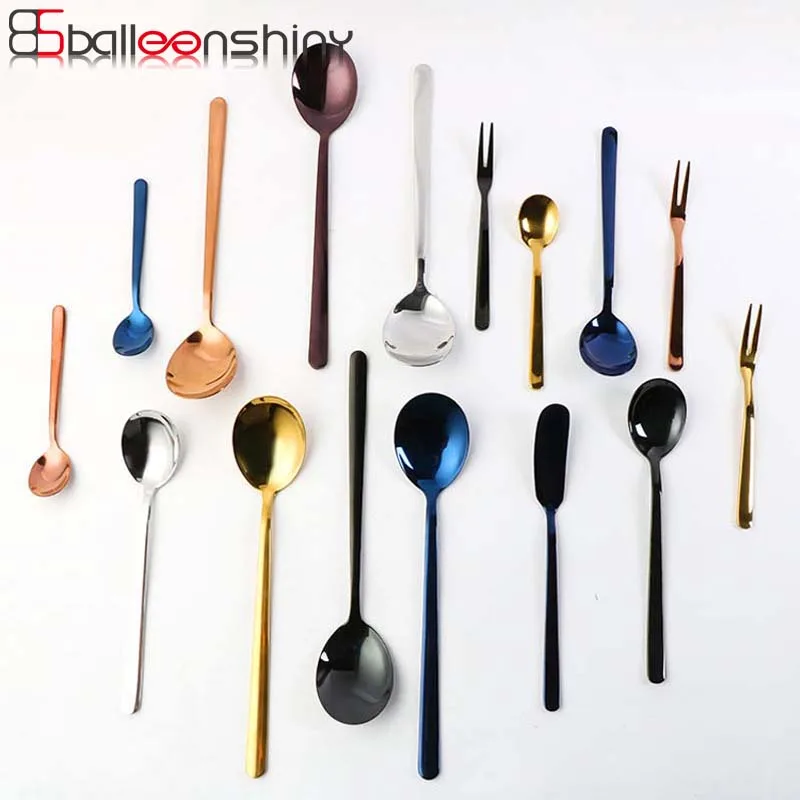 

BaleenShiny Colourful Spoons Stainless Steel Dark Black Soup Spoon Long Handle Gold Scoop Set Tableware Fork Butter Knife Gift