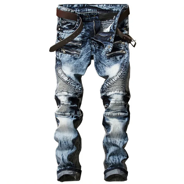 Новая мода, мужские байкерские джинсы, брюки, облегающие, плиссированные, мотоциклетные, джинсовые штаны, брендовые, дизайнерские, мульти молнии, прямые, мото штаны - Цвет: Синий