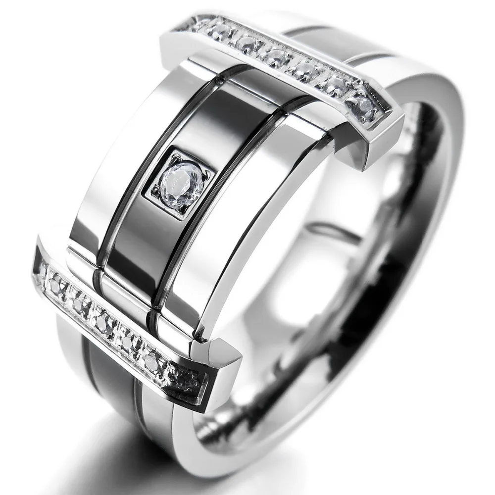 

Men's Stainless Steel Rings Band CZ Silver Black Wedding Charm Elegant
