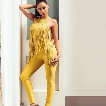 

2018 Latest Fashion Yellow High Quality Classic Bandage Women Jumpsuit With Tassel Design Bodycon Jumpsuits Wholesale Online