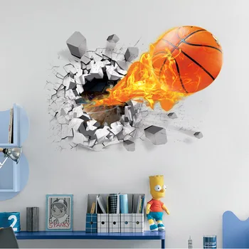 

3D Lifelike Broken Wall Basketball Wall Stickers Basketball Decoration DIY Cartoon Kids Room Wall Mural Art Boys Favor