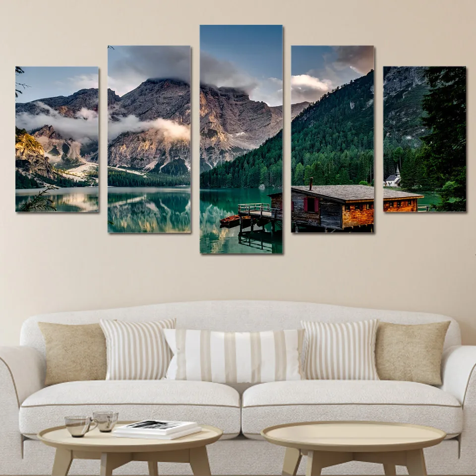 

HD 5 piece canvas Printed lake boat mountain Painting Canvas Print room decor print poster picture canvas Free shipping/ny-6047B
