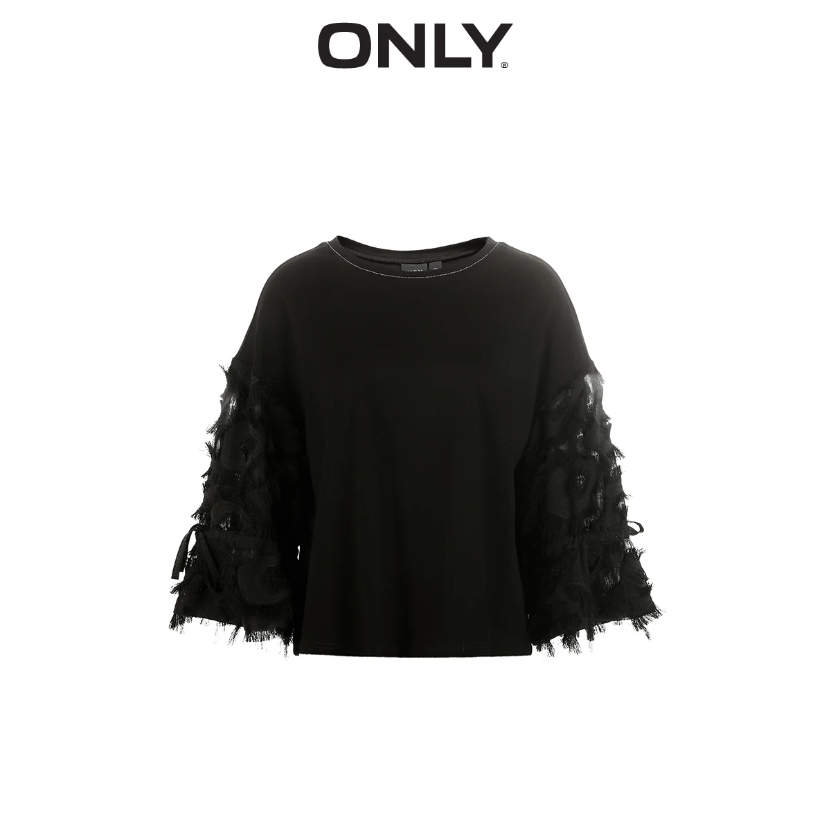  ONLY Spring and Summer Women's Loose Fit Round Neckline Fringed Long-sleeved T-shirt 119101623