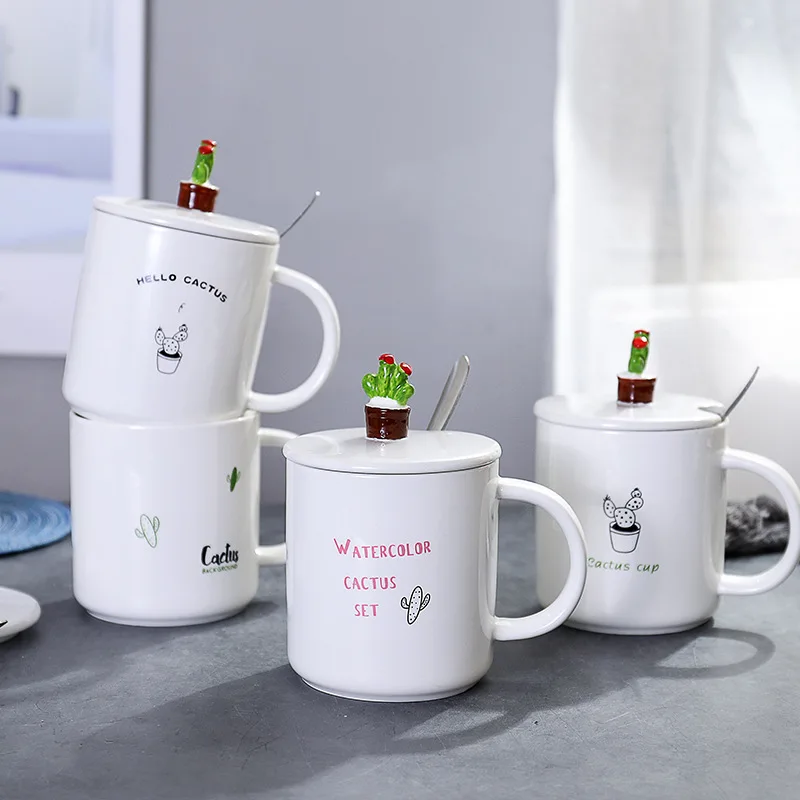 

Recommend 3D cactus mug with lid spoon, white porcelain coffee mug Breakfast Milk Tea Mug For Creative Gift juice Cup