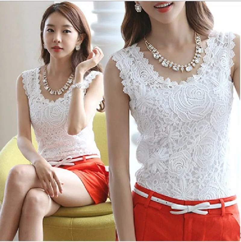 Plus-Size-4XL-2015-Women-flower-Lace-Blouse-Casual-Blusas-Femininas-Vintage-Sleeveless-White-Renda-Crochet